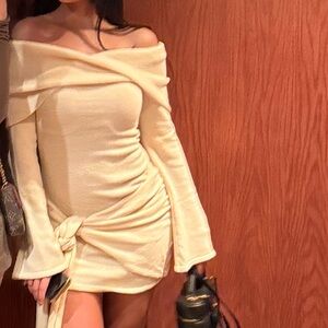 Meshki Cream Off-Shoulder Ruched Mini Dress